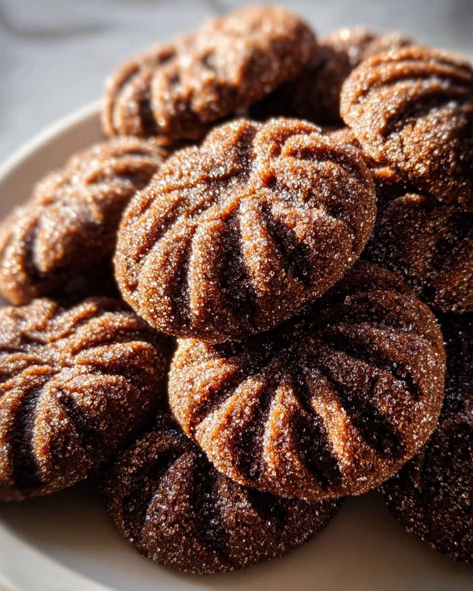 A pile of small, round, deep brown cookies covered with sparkling granulated sugar crystals, showing a cracked and textured surface, closely packed together on a white plate, with a warm light that highlights the sugar granules and the rough texture of the cookies, placed on a white marbled texture. photo taken with an iphone --ar 4:5 --v 7