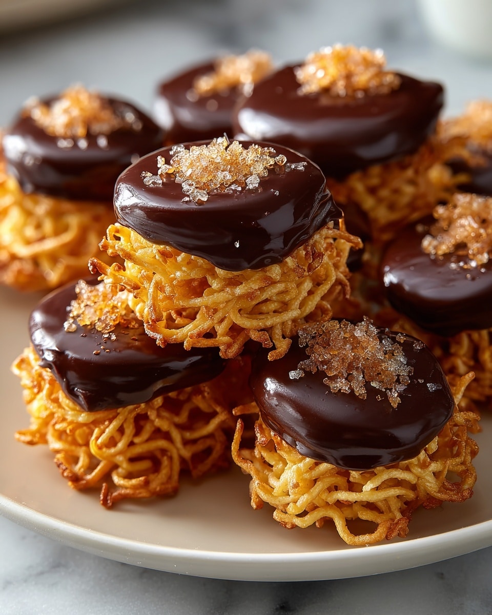 The image shows multiple small round treats made of tightly packed, golden-brown fried noodles as the base layer, with a shiny, smooth dark chocolate layer on top, slightly dripping over the edges. Each chocolate-topped treat is sprinkled with small crystals of brown sugar or caramel on the very top center. Two of these treats are stacked, showing the crispy texture of the fried noodles clearly, while others are spread out on a plain white plate resting on a white marbled surface. The lighting highlights the glossy chocolate and crunchy noodle textures vividly. Photo taken with an iphone --ar 4:5 --v 7