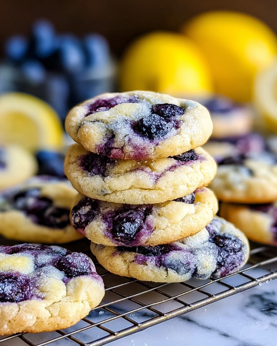 A close-up view of several blueberry cookies stacked and scattered on a metal cooling rack, each cookie showing a cracked top layer sprinkled with sugar, two main layers visible: a golden-brown cooked edge and a soft center filled with deep blue and purple blueberry swirls, some whole blueberries popping through the dough. In the background, blurred blue blueberries and bright yellow lemons add color contrast, all resting on a white marbled texture surface. photo taken with an iphone --ar 4:5 --v 7