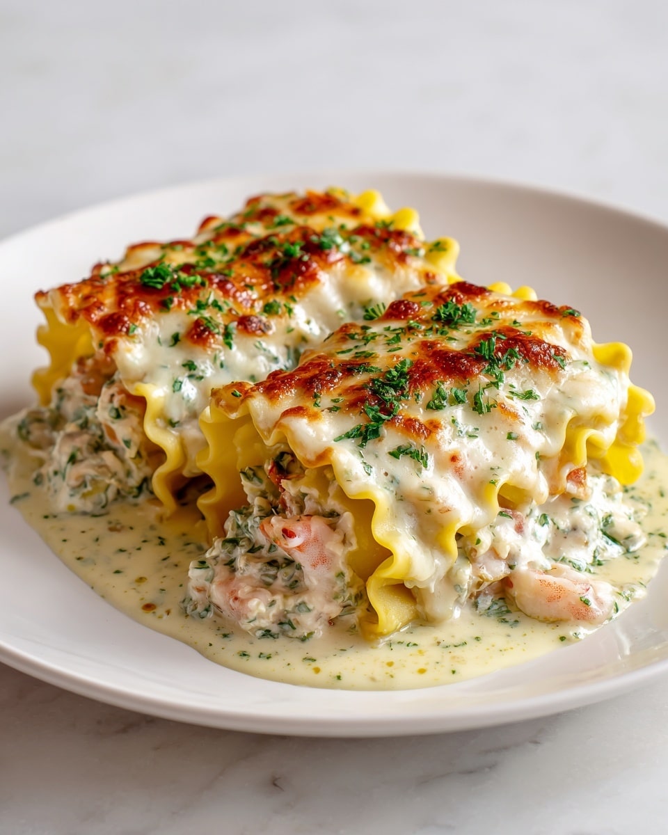 Two stuffed lasagna rolls sit side by side on a white plate over a white marbled texture. Each roll has three visible layers: the base is a yellow, slightly wavy pasta sheet; the middle layer is a creamy white sauce mixed with pieces of pink shrimp and sprinkled green herbs; the top layer is browned melted cheese with more green herb bits scattered across. The sauce pools slightly around the rolls, adding a glossy finish to the dish. photo taken with an iphone --ar 4:5 --v 7