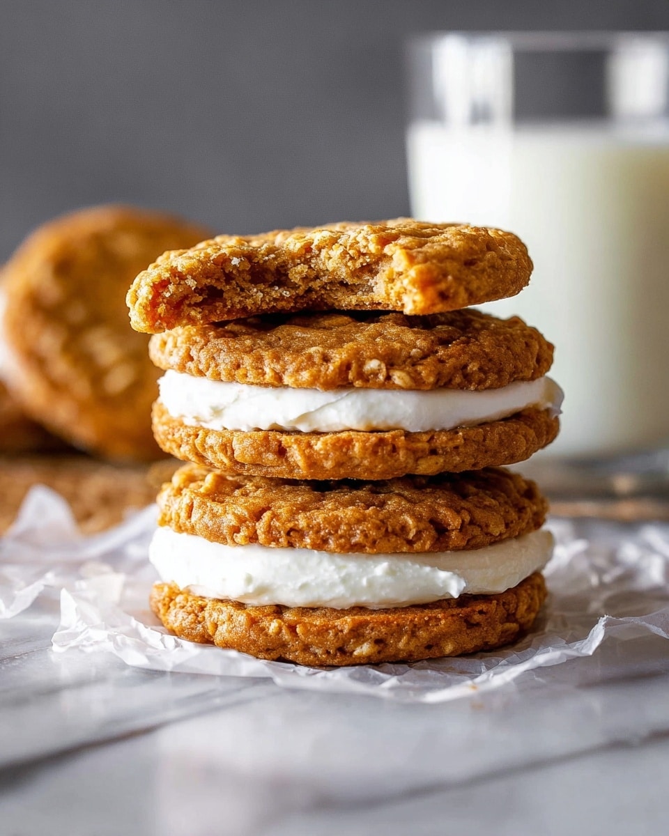 The image shows a stack of three oatmeal cream pies on a white marbled surface. Each pie consists of two golden brown oatmeal cookies with a soft, slightly crumbly texture sandwiching a thick layer of white creamy filling. The top pie has a bite taken out of it, revealing the creamy layer inside. The pies rest on crumpled white parchment paper. In the blurred background, there is a clear glass filled with milk. The lighting is soft, highlighting the texture of the cookies and the smoothness of the cream. Photo taken with an iphone --ar 4:5 --v 7