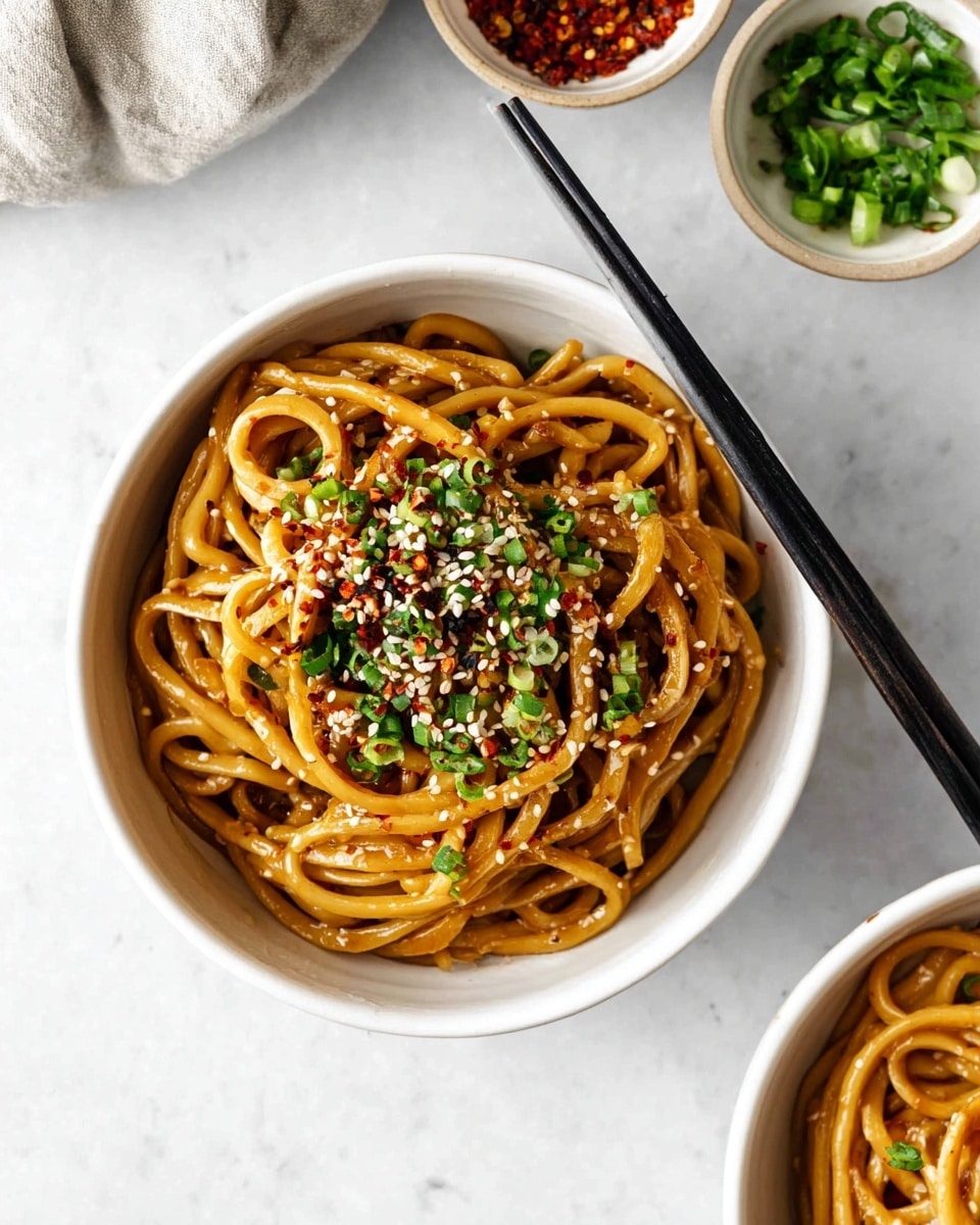 A white bowl filled with thick brown noodles, evenly coated with a glossy sauce, is topped with white sesame seeds, green chopped chives, and red chili flakes sprinkled on top, creating a colorful contrast. Two black chopsticks rest on the edge of the bowl, angled to the left. In the background, a white marbled surface holds two small white bowls with more green chives and red chili flakes, adding extra color. The overall look is clean and fresh with a simple arrangement. photo taken with an iphone --ar 4:5 --v 7