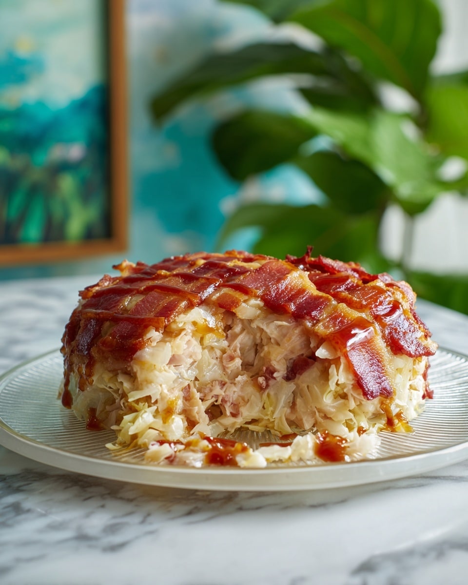 A clear round plate holds a stuffed baked dish placed on a white marbled texture surface. The bottom layer is filled with light beige shredded cabbage mixed with bits of light pink chicken meat. The top is covered with a lattice pattern of cooked bacon that has a shiny, glazed look with a drizzle of reddish-brown sauce on top. Some of the stuffing spills out from one side, showing the texture inside. In the background, there is a green leafy plant and a blurry wall with a blue and green painting. Photo taken with an iphone --ar 4:5 --v 7