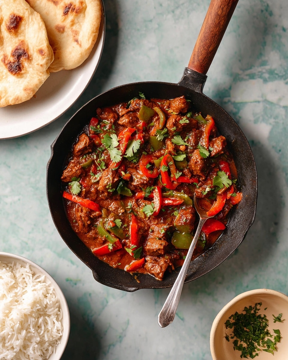 A black cast iron pan with a wooden handle holds a thick stew made of chunky pieces of beef, red and green bell peppers, and onions, all coated in a rich reddish-brown sauce. The stew is garnished with fresh chopped cilantro leaves scattered on top. A silver spoon is partially inside the pan, resting among the stew. Around the pan, there is a white marbled surface with a white bowl of fluffy white rice in the bottom left corner, and a white plate with torn pieces of flatbread in the top left corner. Photo taken with an iphone --ar 4:5 --v 7