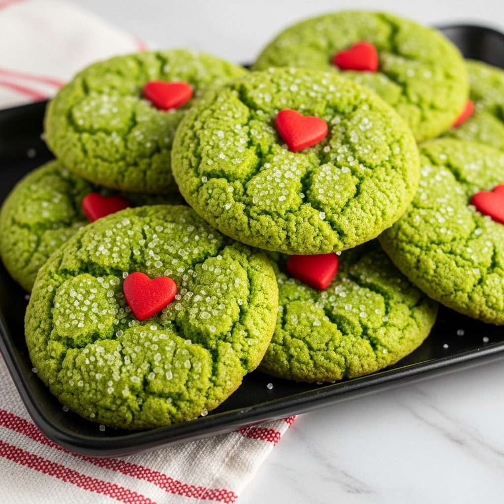 A stack of soft, round green cookies with a slightly crinkled texture sits on a rectangular black tray set on a white marbled surface. Each cookie is sprinkled with coarse sugar crystals that catch the light and topped with a small red heart decoration in the center. The cookies have a light, bright green color and appear thick and chewy, arranged in an overlapping pile with some in full view and others partially hidden underneath. A blurred red and white striped cloth is partially visible at the bottom left corner, adding a festive touch. Photo taken with an iphone --ar 4:5 --v 7