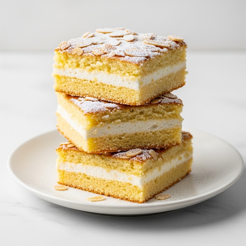 The image shows a stack of three square pieces of cake on a white plate, placed on a white marbled surface. Each cake piece has two layers: a soft, light yellow-brown cake layer and a creamy white filling in the middle. The top of the cake is sprinkled with powdered sugar and decorated with thin, light brown almond slices. The texture of the cake looks moist and crumbly, while the creamy layer appears smooth and soft. photo taken with an iphone --ar 4:5 --v 7