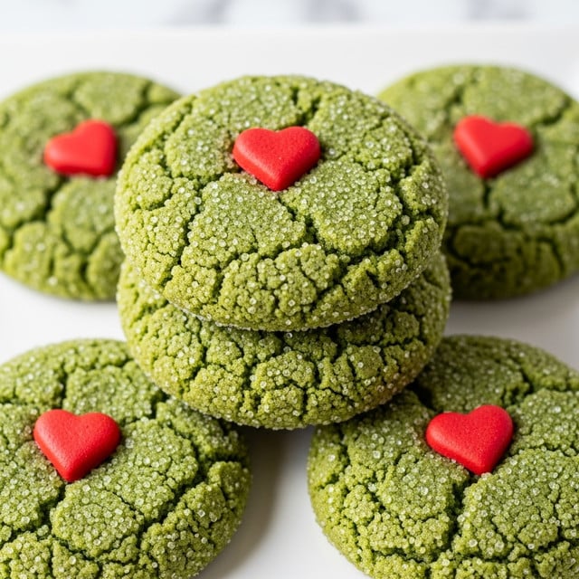 The image shows a close-up of round, green sugar cookies stacked on top of each other on a white plate, each cookie covered with a layer of sparkling sugar crystals. Each cookie has a small, red heart-shaped decoration placed right in the center on the top layer. The cookies have a slightly cracked texture with a soft, crumbly appearance. The white marbled surface is barely visible in the background. photo taken with an iphone --ar 4:5 --v 7