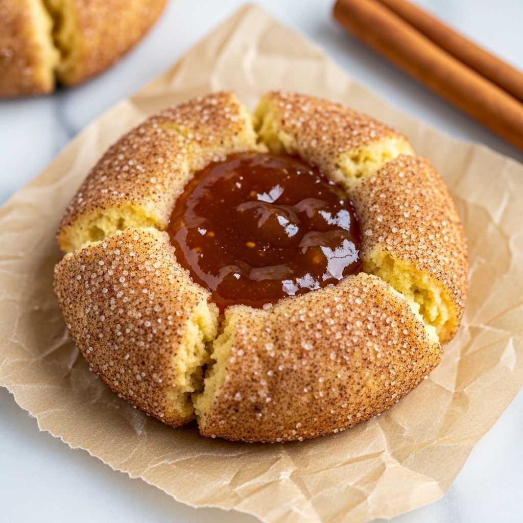 A single round cookie with a rough texture dusted with a mix of cinnamon and sugar on top, creating a light brown, slightly crispy outer layer. The cookie has a soft, golden-yellow base and is shaped with cracks and folds around the edges. In the center, a glossy, thick amber-colored jam fills a shallow well, contrasting with the dry sugar coating. The cookie rests on crumpled light brown parchment paper. Nearby, a piece of cinnamon stick is visible, all set on a white marbled surface. photo taken with an iphone --ar 4:5 --v 7