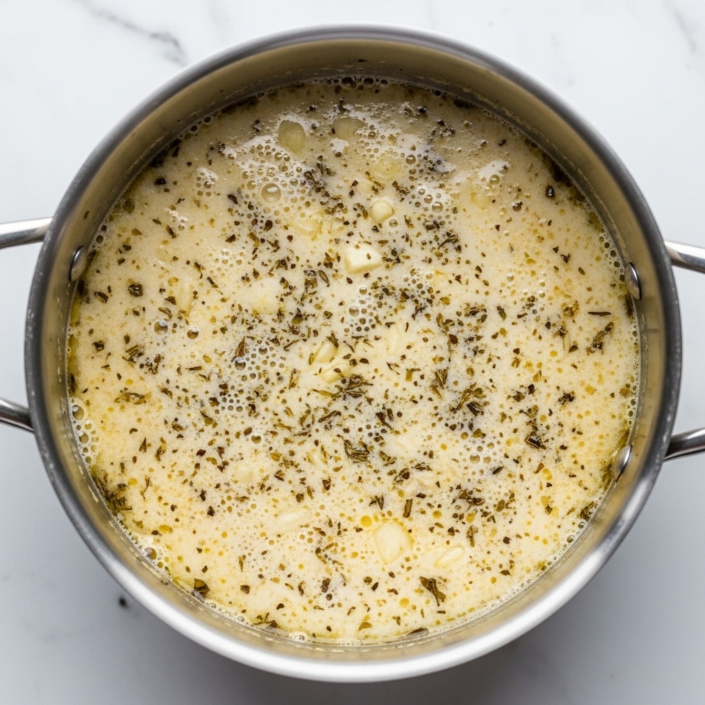 A close-up of a white bowl filled with creamy pale yellow soup that has a smooth texture with tiny bubbles on the surface, sprinkled with green herbs and black pepper for garnish. Two pieces of toasted bread with a golden-brown crust and airy, porous interior are resting inside the bowl, partly dipped into the soup near the edge. A silver spoon is partially submerged on the right side of the bowl. The bowl sits on a white marbled surface. photo taken with an iphone --ar 4:5 --v 7