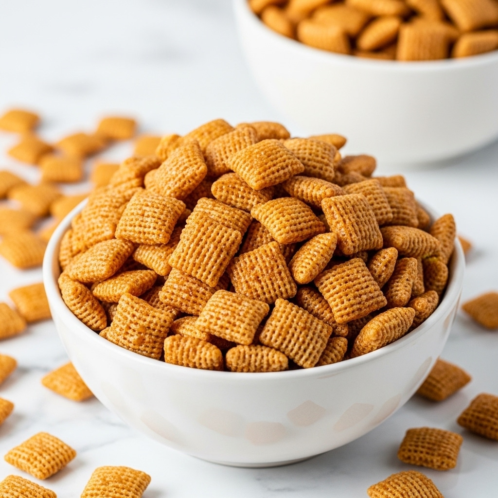 A close-up of a white bowl filled with many small, ridged, golden-brown cereal clusters that look crunchy and coated with a shiny glaze, giving them a sticky texture. A woman's hand with pale nail polish is gently holding one cluster above the bowl. The bowl sits on a white marbled surface, and the background is softly blurred with hints of more bowls containing the same cereal. photo taken with an iphone --ar 4:5 --v 7