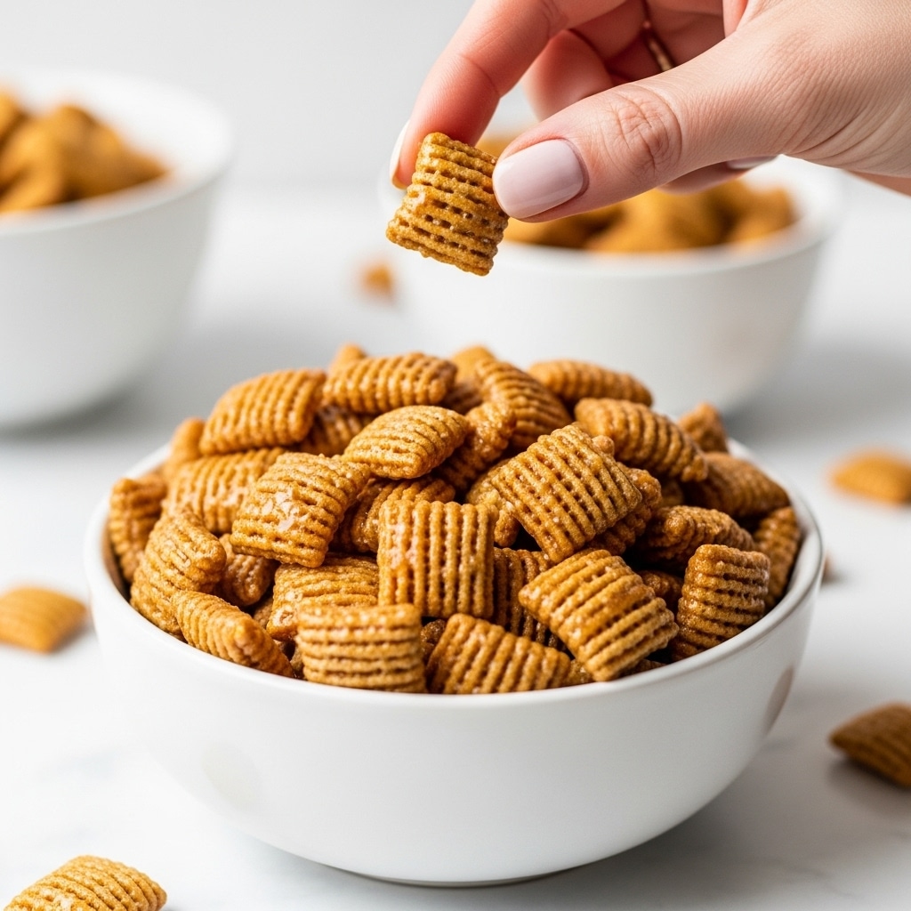 A white bowl filled to the top with golden brown, crispy cereal pieces that have a shiny, slightly sticky texture. The cereal pieces are small, squarish, and ridged, with some pieces having a waffle-like pattern. The bowl is placed on a white marbled surface with scattered cereal pieces around it. In the background, another white bowl filled with the same cereal is blurred out. The lighting is bright, highlighting the glossy, crunchy texture of the cereal. Photo taken with an iphone --ar 4:5 --v 7