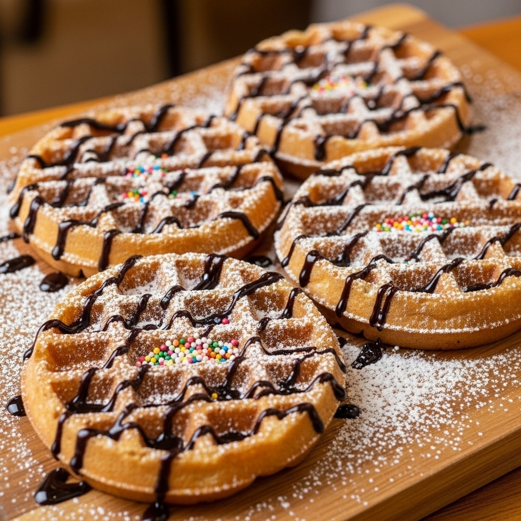 The image shows four round waffles arranged close together on a wooden board. Each waffle has a golden-brown color with a slightly crispy texture. They are drizzled with dark chocolate sauce forming diagonal lines across their surface. A light dusting of powdered sugar covers the waffles unevenly, and small, colorful sprinkles are scattered in the middle of each waffle. The wooden board they sit on has a smooth finish, contrasting with the textured waffles and toppings. The background is blurred but has warm tones suggesting a cozy indoor setting. Photo taken with an iphone --ar 4:5 --v 7