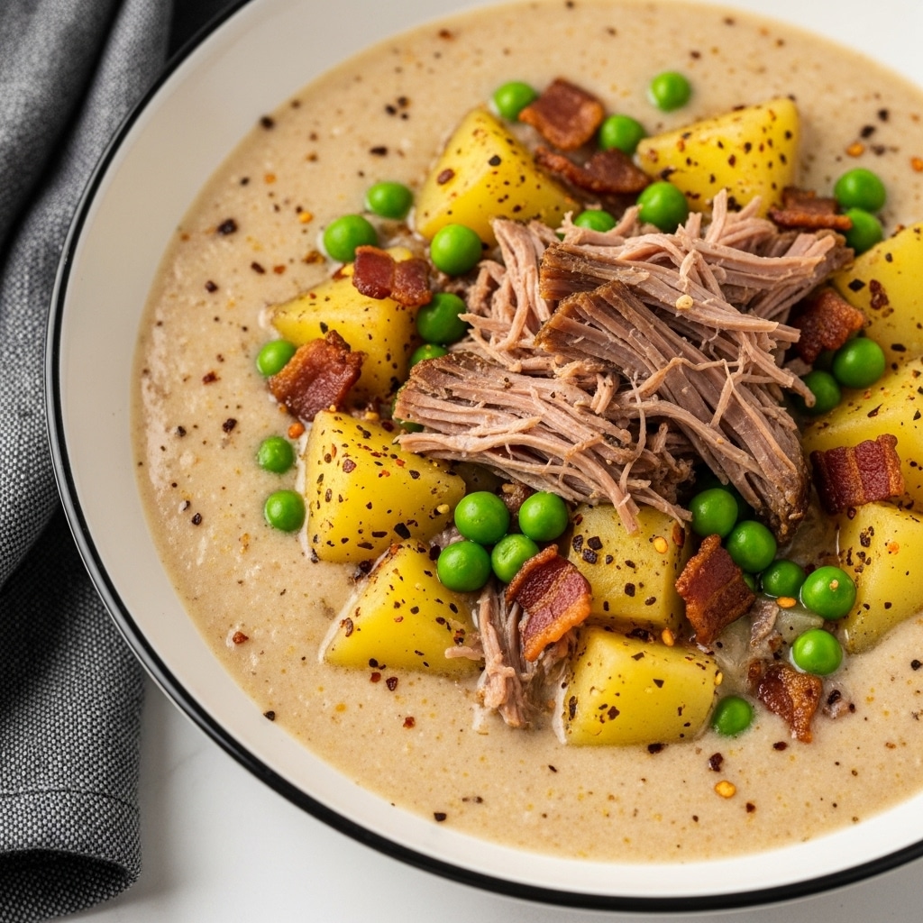 A close-up view of a creamy stew served in a black bowl resting on a wooden surface with a green cloth beside it; the stew has a thick pale broth with chunks of soft yellow potatoes and tender dark brown shredded beef scattered evenly on top, garnished with small bright green chopped scallions and a light dusting of reddish-orange spice that adds a touch of color contrast, with the surface texture looking rich and hearty. Photo taken with an iphone --ar 4:5 --v 7
