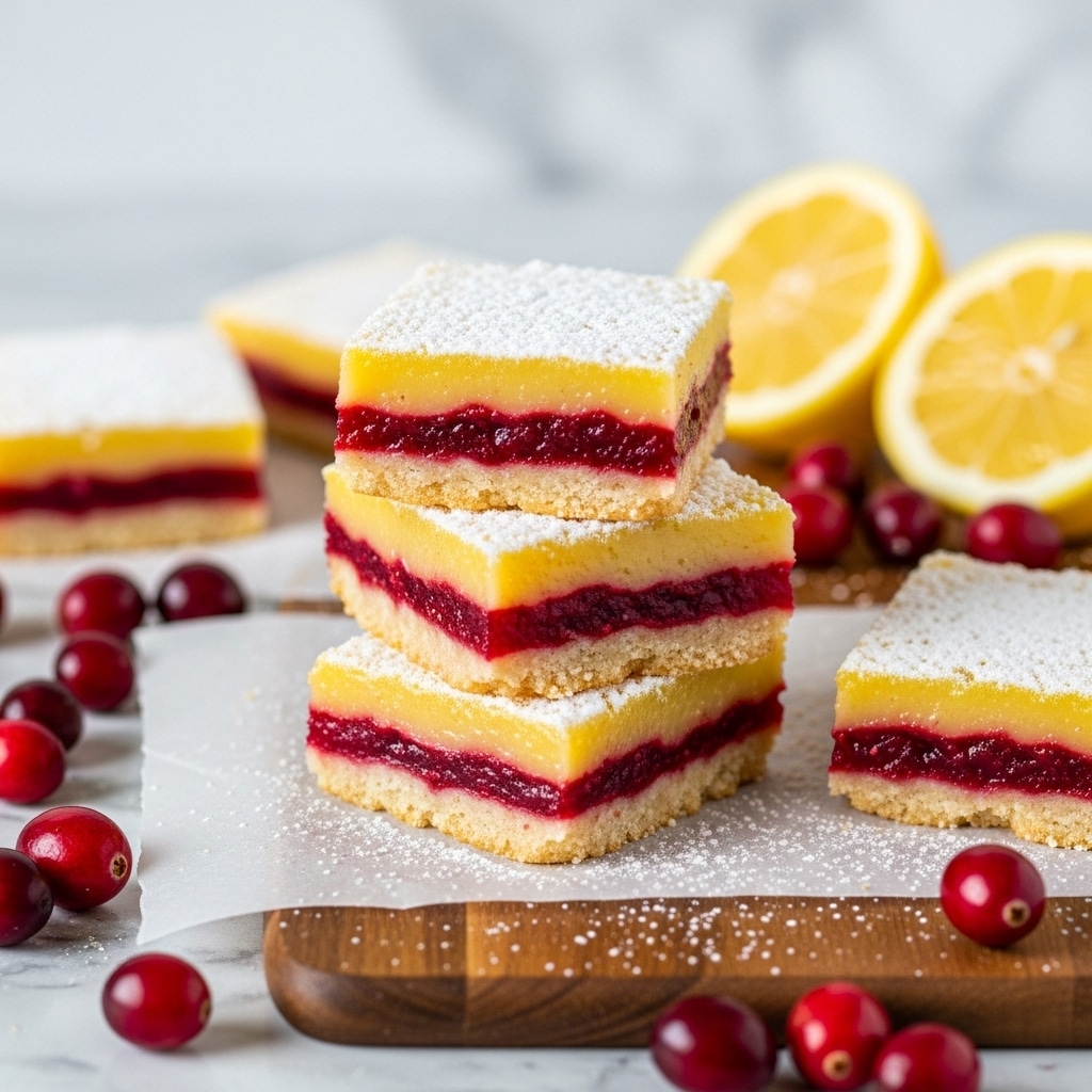 The image shows a stack of three square dessert bars on a piece of parchment paper on a wooden surface with powdered sugar sprinkled over them. Each bar has four visible layers: a bottom pale cookie crust, a bright red cranberry layer, a thick yellow lemon filling, and a dusting of white powdered sugar on top. Around the stack, there are whole cranberries and a lemon half in the background. The scene is set on a white marbled texture. photo taken with an iphone --ar 4:5 --v 7