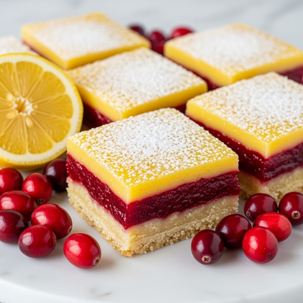 The image shows a square dessert bar with three visible layers on a white marbled surface. The bottom layer is a pale, crumbly crust. The middle layer is a thick, bright red berry filling. The top layer is a golden yellow lemon custard with a light dusting of white powdered sugar evenly covering it. Surrounding the bars are fresh, glossy red cranberries and a halved bright yellow lemon to the left side. The bars are cut into neat squares and placed in a close group. The photo taken with an iphone --ar 4:5 --v 7