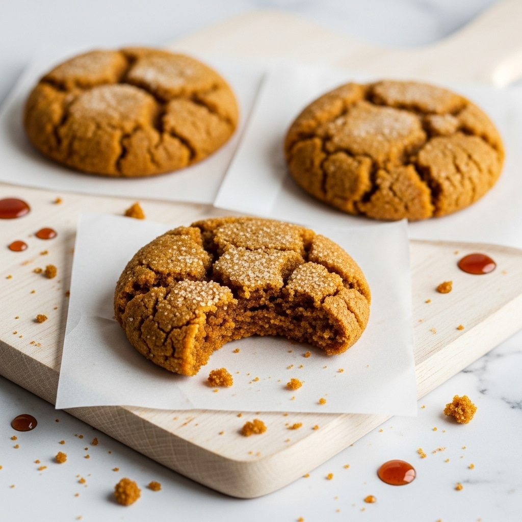 The image shows a wooden cutting board with a white paper on it holding three round, golden-brown sugar-coated cookies, one of which has a bite taken out of it, showing a soft inside. Around the board, there are cookie crumbs scattered on a white marbled surface. To the top left side, there is a small white cup filled with black coffee, and a gray cloth nearby. On the bottom right, there is a small white bowl filled with cinnamon sugar and a wooden spoon resting on the surface, also sprinkled with cinnamon sugar. The scene is bright and clean, with details of cookie cracks and sugar texture visible. Photo taken with an iphone --ar 4:5 --v 7