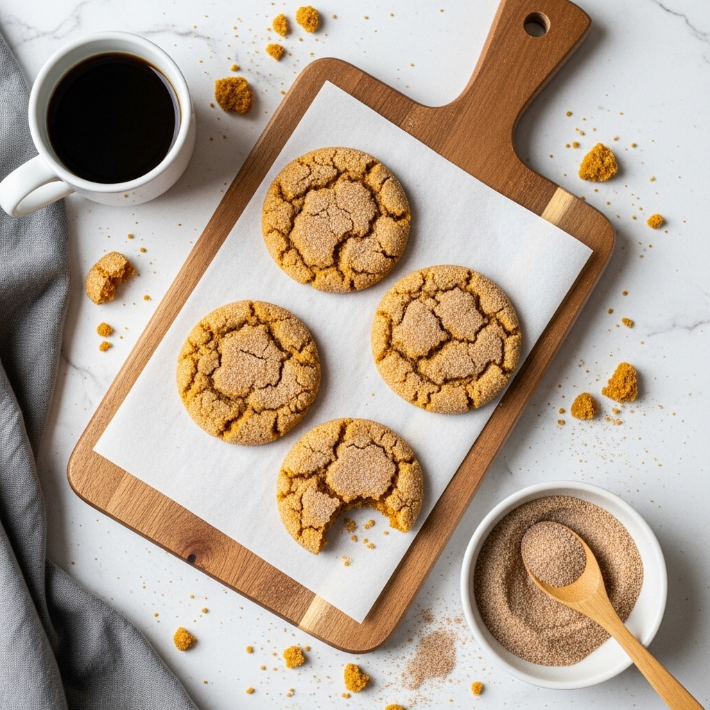 Three round cookies with a cracked surface and a golden brown color are placed on white parchment paper on a light wooden board. One cookie in the front has a big bite taken out of it, showing a soft inside. The cookies have a slightly rough texture with a sprinkle of sugar on top. The board rests on a white marbled surface with some cookie crumbs scattered around and small droplets of dark syrup nearby. Photo taken with an iphone --ar 4:5 --v 7