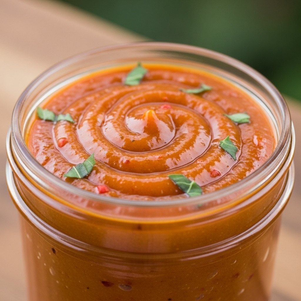 A close-up view of a jar filled with a smooth orange sauce that has small red specks and few pieces of green herbs scattered on the surface. The sauce texture looks creamy with tiny bubbles and a slight glossy shine. The top rim of the jar is clear and shiny, and the background shows a blurred outdoor scene with green and blue colors, all set on a white marbled texture. photo taken with an iphone --ar 4:5 --v 7