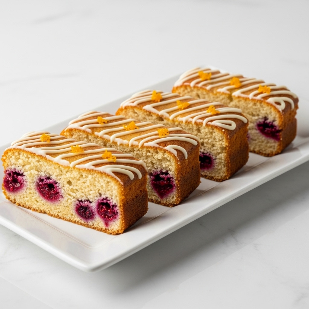 The image shows a row of seven rectangular cookie bars neatly placed side by side on a white rectangular plate. Each bar is light beige with a smooth texture, embedded with small dark red berries and topped with thin shreds of bright orange zest. The bars have a slightly glossy layer of icing that adds a shiny surface on top. The plate sits on a surface with a white marbled texture, adding a clean and simple background to the dessert. photo taken with an iphone --ar 4:5 --v 7