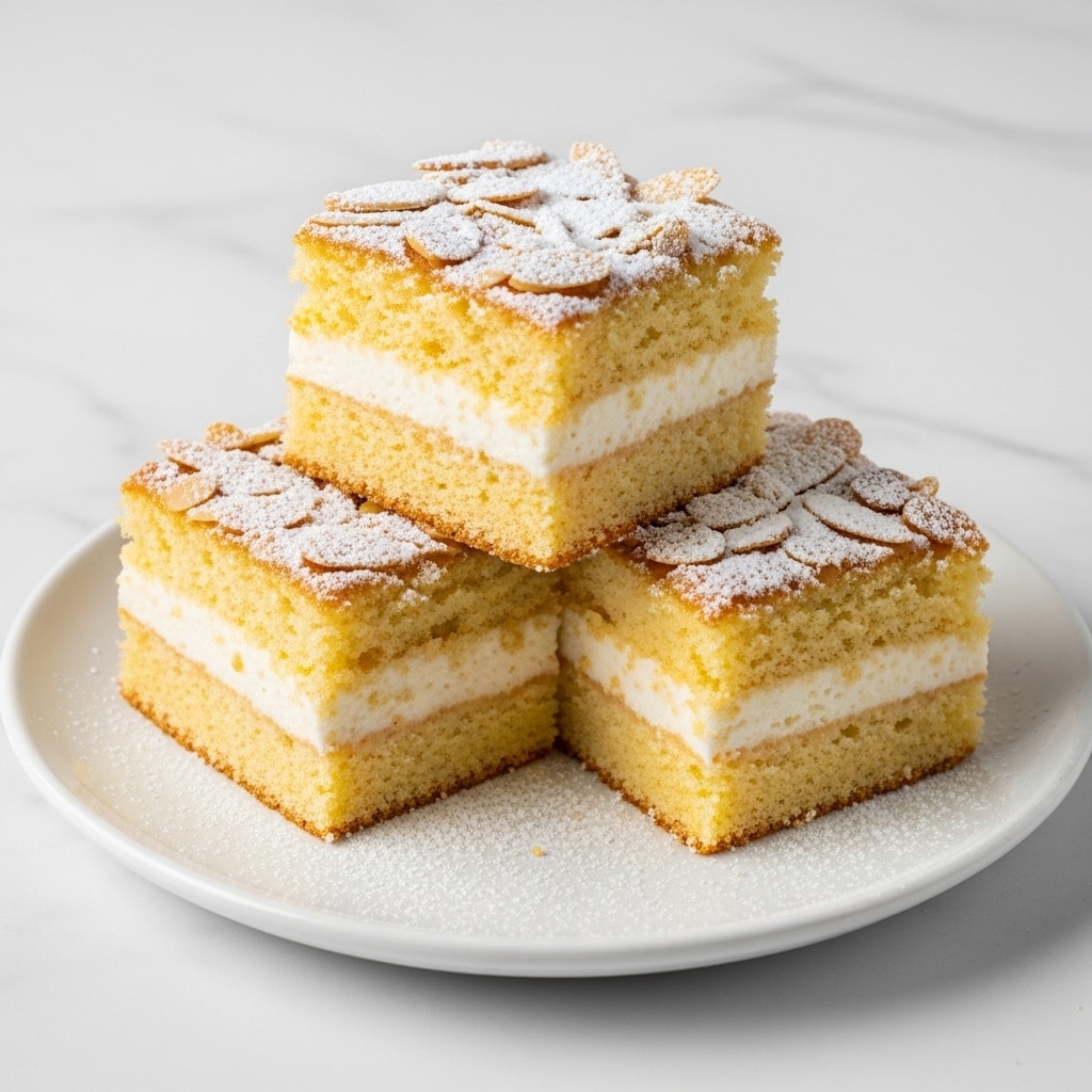 The image shows a stack of three soft, light golden almond cookies with a fluffy texture inside. The top cookie is broken in half, revealing the airy and moist layer inside. Each cookie is sprinkled with fine white powdered sugar and thin, light brown almond slices on the surface. The cookies rest on a white plate with a hint of powdered sugar dusted around. The background has a soft focus and features a white marbled surface. photo taken with an iphone --ar 4:5 --v 7