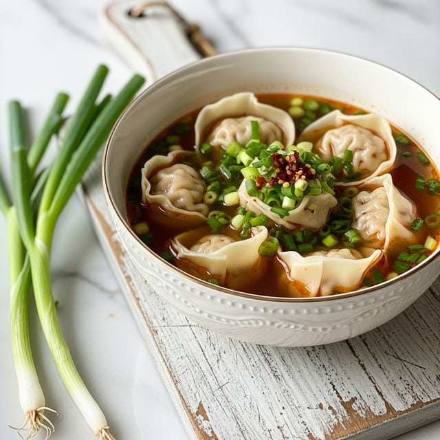 A white bowl filled with clear reddish broth containing several light beige dumplings floating on the surface, scattered with chopped green onions and red chili flakes, resting on a wooden board placed on a white marbled surface with green onions lying next to the bowl in the background. photo taken with an iphone --ar 4:5 --v 7