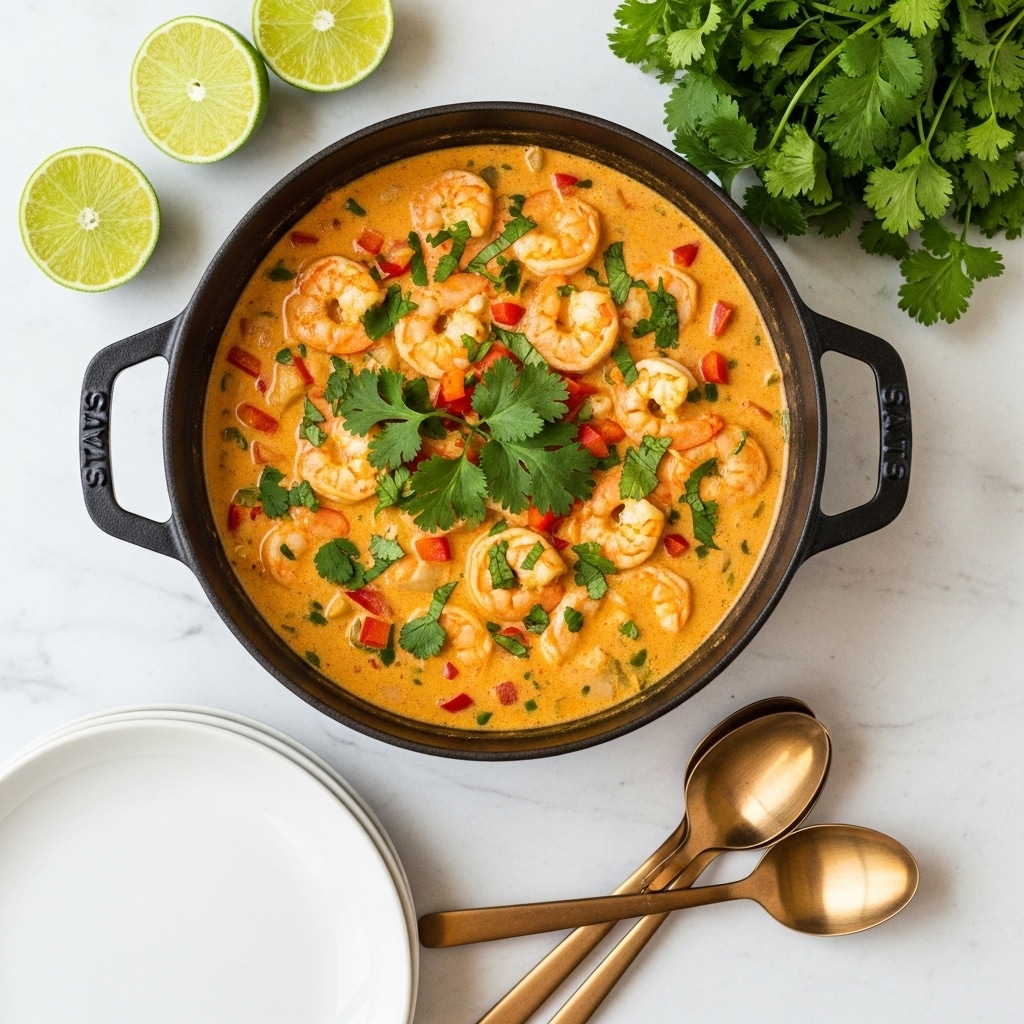 The image shows a black cast iron pot filled with a creamy orange shrimp curry that has visible shrimp, small red bell pepper pieces, and finely chopped herbs mixed throughout. Bright green cilantro leaves are spread on top of the curry as garnish. Around the pot, lime wedges are scattered on a white marbled surface, along with a bunch of fresh cilantro in the top right. Below the pot, three bronze spoons rest on a set of stacked white plates. The scene captures a fresh, vibrant, and ready-to-serve dish. photo taken with an iphone --ar 4:5 --v 7
