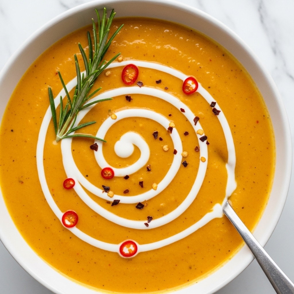 A close-up of a creamy orange-colored soup in a white bowl, topped with a swirl of white cream that creates a smooth spiral pattern. A sprig of fresh green rosemary rests on the surface near the top left, and small red chili flakes are scattered on the soup. A silver spoon is partially visible in the bottom right, sinking slightly into the thick soup. The background has a white marbled texture. Photo taken with an iphone --ar 4:5 --v 7
