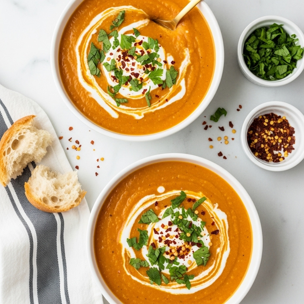 Two white bowls filled with smooth, thick orange soup sit on a white marbled surface. Each bowl has a swirl of white cream on top, mixed with bright green chopped herbs and sprinkled with red pepper flakes. A gold spoon is partially dipped in the upper bowl. There is a torn piece of bread on the left side next to a white and black striped cloth. Small dishes containing fresh green herbs and more red pepper flakes are placed near the top right corner. Some pepper flakes are scattered lightly on the surface. photo taken with an iphone --ar 4:5 --v 7