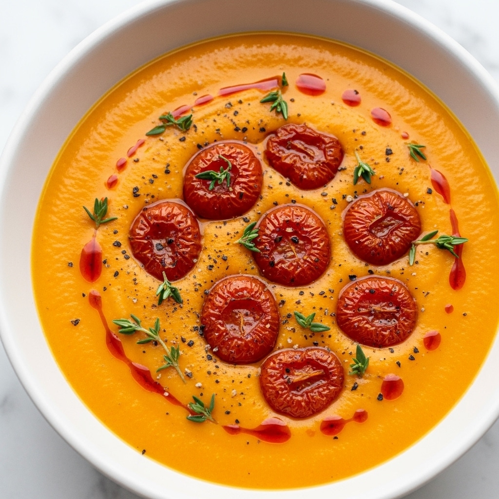 A close-up view of a creamy orange soup served in a white bowl, topped with several roasted cherry tomatoes with a slightly wrinkled, browned texture, scattered fresh green thyme sprigs, and small droplets of reddish oil glistening on the surface, all placed on a white marbled texture. The soup looks rich and smooth with some black pepper flakes sprinkled for texture and color contrast, giving the dish a warm and appetizing feel. Photo taken with an iphone --ar 4:5 --v 7