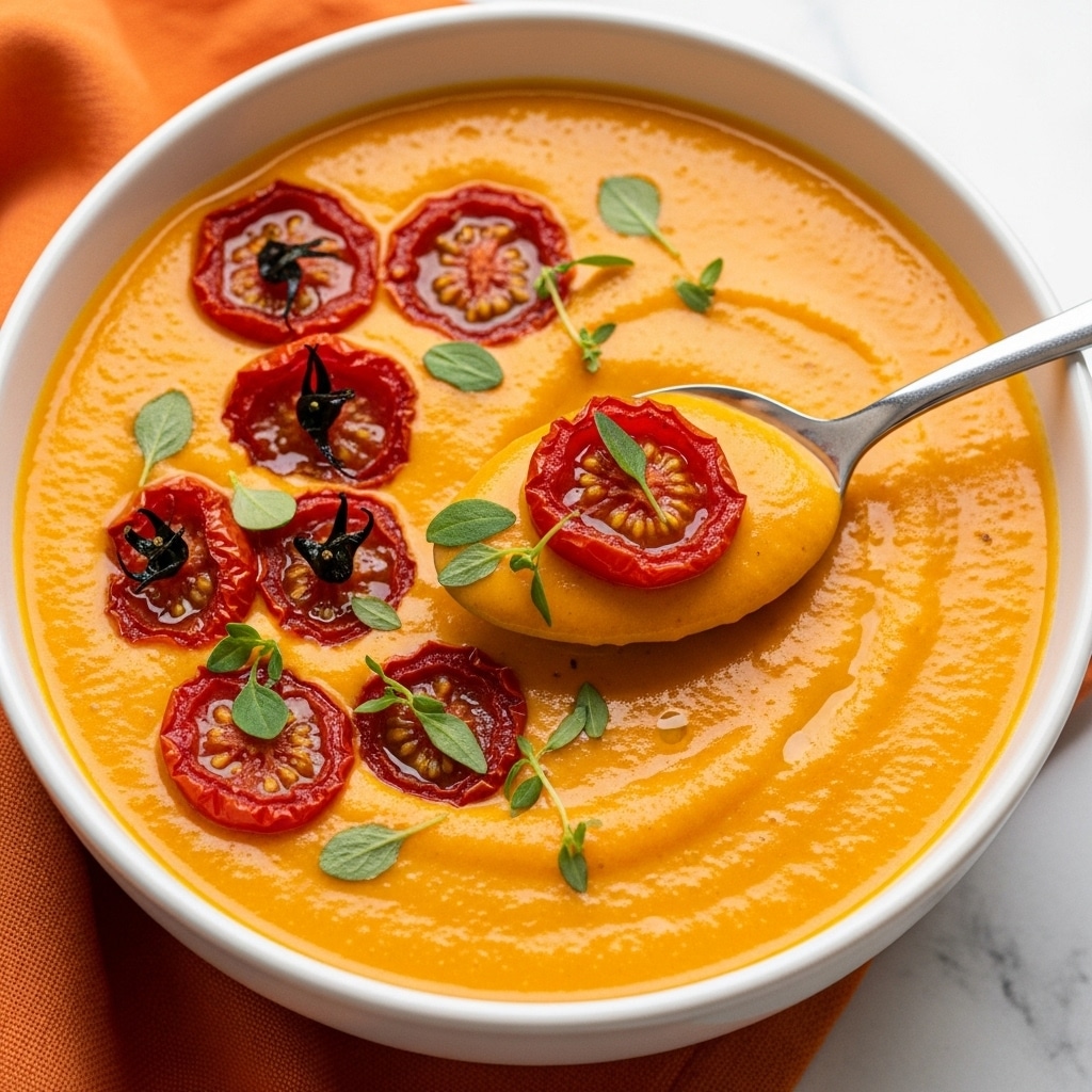 A close-up image of a bowl filled with creamy orange soup that has a smooth, slightly textured surface. Floating on top are several roasted cherry tomato halves with wrinkled, dark red skin, and small sprigs of green herbs scattered across the soup. A silver spoon holds a spoonful of the soup along with a piece of roasted tomato and a herb sprig. The bowl is white and placed on an orange cloth, all set on a white marbled surface. photo taken with an iphone --ar 4:5 --v 7