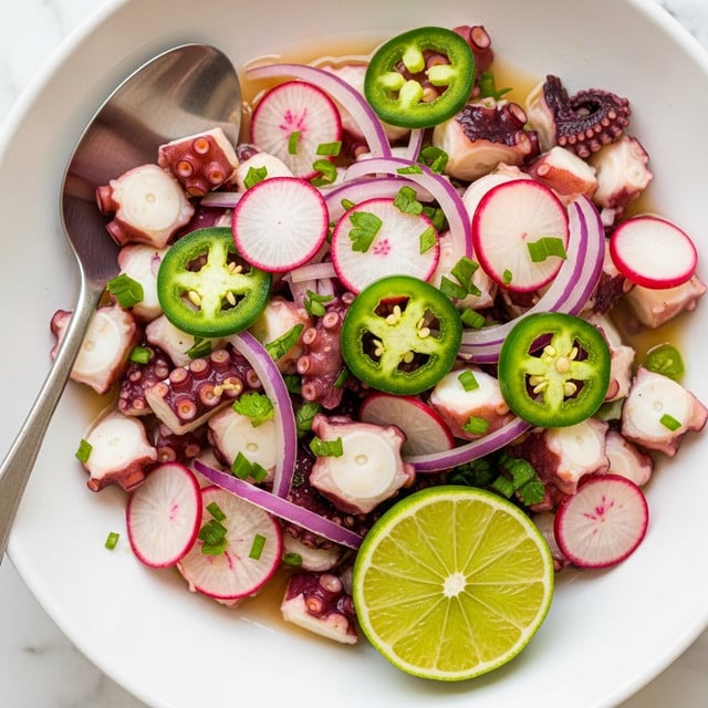 A close-up of a dish in a white plate filled with chopped octopus pieces showing white and pinkish flesh, mixed with thinly sliced radishes that have white centers and red edges, as well as green jalapeño slices. There are also purple onion slices and green chopped herbs sprinkled on top. A silver spoon rests on the edge of the plate and a halved lime is placed inside the dish near the bottom right. The background is a white marbled texture. photo taken with an iphone --ar 4:5 --v 7