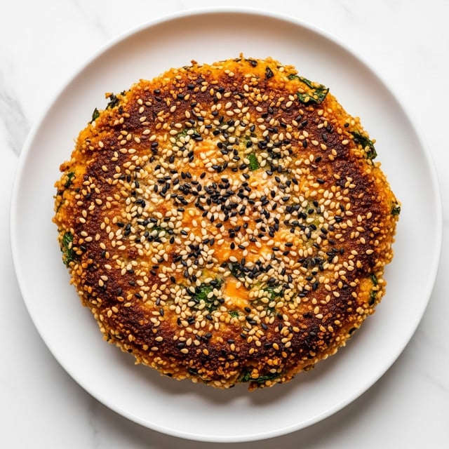 A round, golden-brown patty with a crispy, textured surface is shown from the top on a white plate. The patty has a crunchy crust sprinkled generously with black and light brown sesame seeds. Bits of dark green herbs or vegetables are visible near the edges, with a moist, orange interior peeking through the browned exterior. The plate sits on a white marbled texture, highlighting the patty’s rich and varied colors. photo taken with an iphone --ar 4:5 --v 7