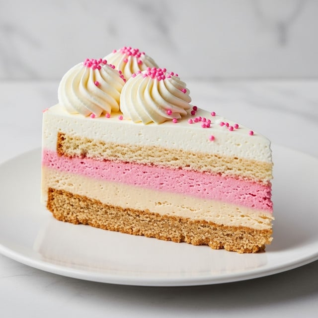 A slice of layered cake sits on a white plate with a white marbled background. The bottom layer is a light brown crust that looks crumbly. Above that is a smooth, light beige cream layer. Next is a pink cream layer, topped by a thicker white cream layer. On top of the cake are two swirls of white whipped cream and small pink sprinkles spread around. The edges show clean, even layers with soft colors. Photo taken with an iphone --ar 4:5 --v 7