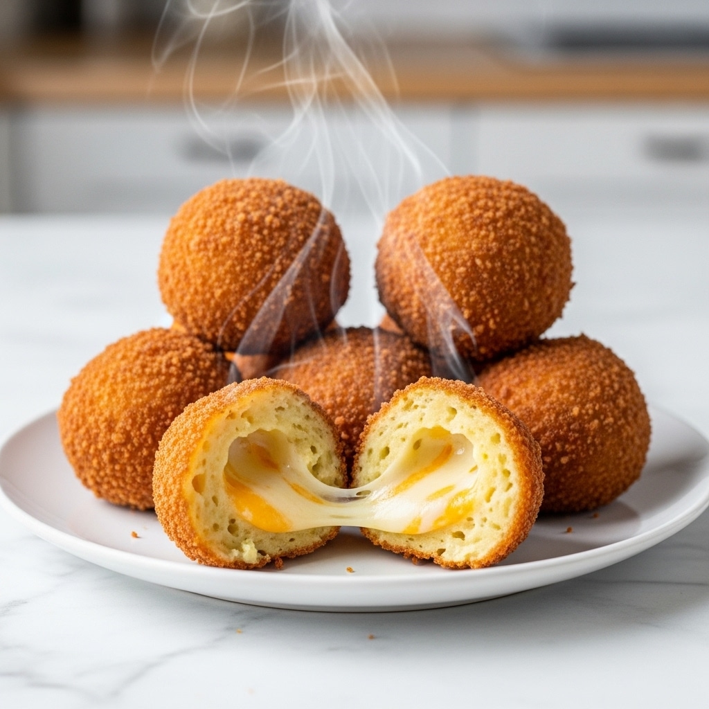 The image shows a white plate holding five round, golden-brown fried cheese balls stacked in a small pile with one cut open in front revealing melted, stretchy cheese inside. The texture is crispy on the outside with many small, browned spots and the inside looks soft and gooey. Steam rises gently from the balls, adding a warm, fresh-cooked feel to the scene. The plate sits on a white marbled surface with a blurred kitchen background. photo taken with an iphone --ar 4:5 --v 7