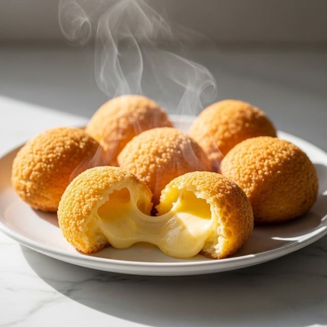 A white plate holds five golden brown cheese puffs with a crispy outer layer and soft inside. One of the cheese puffs is torn open in the front, showing a gooey, melted cheese center in light yellow, stretched between the two halves. Steam rises gently from the warm cheese puffs, highlighting their freshness. The background and surface are a white marbled texture, softly lit with natural light coming from the side, creating soft shadows and a warm atmosphere. photo taken with an iphone --ar 4:5 --v 7