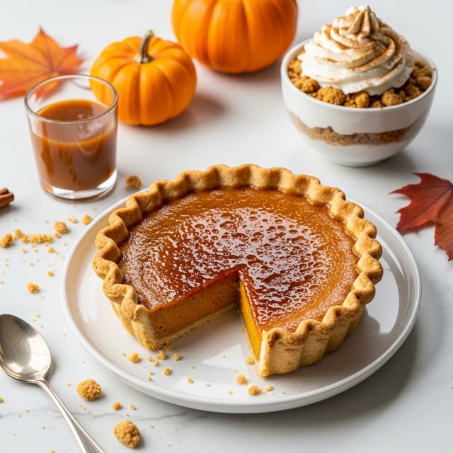 The image shows a small pumpkin pie with a golden-brown crust that has a wavy edge, sitting on a white plate placed on a white marbled surface. The pie has a glossy, deep amber filling with a caramelized top layer that looks slightly textured and shiny. One slice is missing, revealing a smooth orange interior. Around the pie, there are crumbly bits scattered, adding texture to the scene. Nearby, there is a small parfait in a white bowl with a crunchy crumble base, topped with white whipped cream dusted with light cinnamon, and a small glass of caramel-colored sauce. A small orange pumpkin and autumn leaves add a seasonal touch. photo taken with an iphone --ar 4:5 --v 7