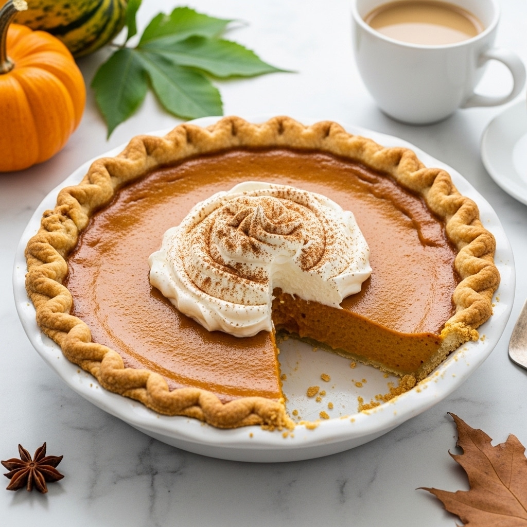 A white pie dish holds a pumpkin pie with a golden, crimped crust around the edge. The pie filling is deep orange and glossy with a smooth texture. A slice is missing from the pie, showing the thick filling inside and some crumbs on the white dish. On top of the pie, in the center, is a swirl of white whipped cream sprinkled with brown cinnamon powder. Around the pie, the scene includes a small pumpkin, green leaves, a star anise, a brown autumn leaf, and a white cup with light brown liquid on a white marbled surface. Photo taken with an iphone --ar 4:5 --v 7