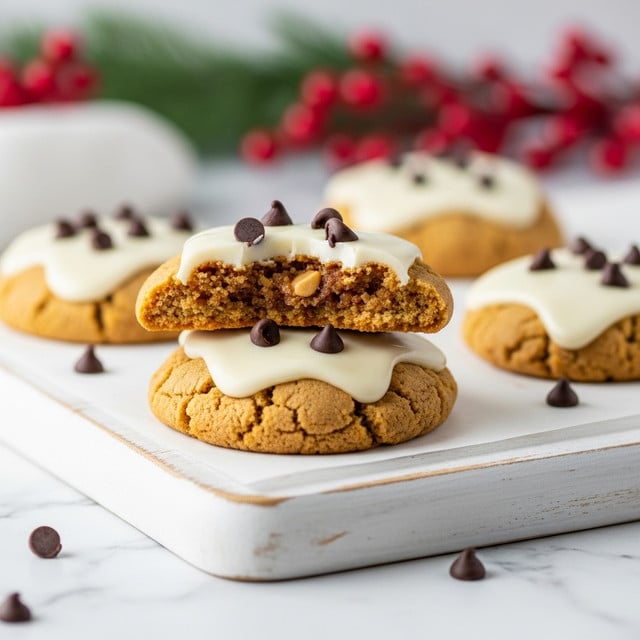 The image shows a close-up of three stacked cookies on a white wooden board set on a white marbled surface. Each cookie is thick and golden brown with a rough texture and topped with smooth white icing, slightly melting over the edges. The top cookie is broken in half, revealing a soft, chewy interior. Small dark chocolate chips are scattered on the icing. The background is blurred with red berries and greenery, creating a warm and cozy feeling. Photo taken with an iphone --ar 4:5 --v 7