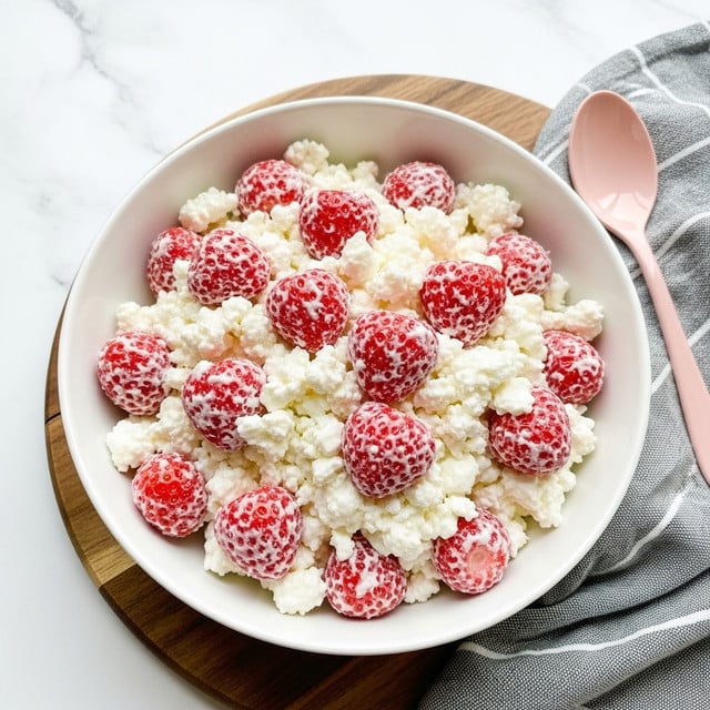 A white bowl is filled with a mixture that looks like light and fluffy white cottage cheese clumped together with bright red strawberries scattered throughout. The strawberries are coated lightly with the white cheese, giving the whole dish a soft, textured look full of small lumps from the cheese and fruit. The bowl sits on a brown wooden board, placed against a white marbled texture background. Nearby, part of a pink spoon and a grey-striped cloth are visible. Photo taken with an iphone --ar 4:5 --v 7