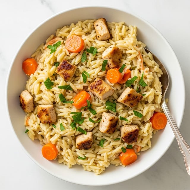 A white bowl filled with creamy orzo pasta mixed with small, golden-brown grilled chicken pieces, bright orange carrot cubes, and green chopped herbs spread evenly throughout. The orzo is coated in a smooth, thick sauce that looks rich and comforting. A silver spoon is partially visible on the right side of the bowl. The bowl sits on a white marbled surface. photo taken with an iphone --ar 4:5 --v 7