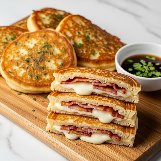 A wooden board holds two types of golden-brown fried pancakes. At the back, there are round, thick pancakes with a crispy surface sprinkled with green herbs and a slightly uneven texture. At the front, sandwich-like square pancakes are stacked, cut open to show melted white cheese and crispy bacon inside, the outer edges crispy and browned. A small white bowl on the side contains a dark dipping sauce with green herbs floating on top. The whole scene is set on a white marbled texture. photo taken with an iphone --ar 4:5 --v 7