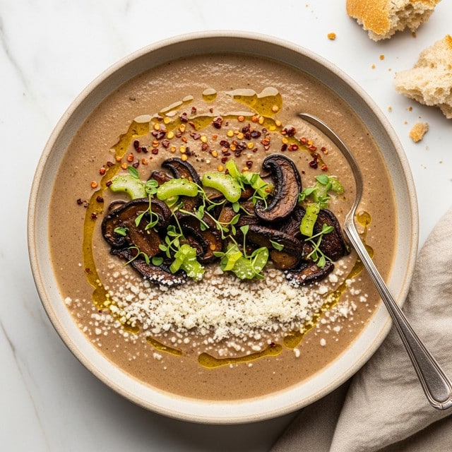 A round beige bowl filled with creamy brown mushroom soup topped with three layers: the first layer has a drizzle of olive oil and scattered red pepper flakes, the second layer includes sautéed dark brown mushroom slices and light green chopped celery pieces mixed with small green herb sprigs, and the third layer is white grated cheese sprinkled on top. A silver spoon rests in the bowl on the right side. The bowl is set on a white marbled surface with a beige cloth to the bottom right and pieces of torn bread in the top right corner. Photo taken with an iphone --ar 4:5 --v 7