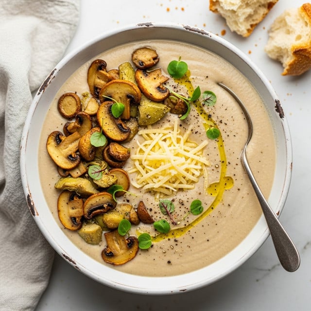 A creamy, light beige soup fills a rustic white bowl with a slightly worn rim. On top, a layer of golden-brown sautéed mushroom slices spread mostly on one side, mixed with a few small green artichoke pieces. In the center, there is a small pile of shredded pale yellow cheese. Tiny green herb leaves and a drizzle of shiny olive oil are scattered around the toppings, with some black pepper flecks sprinkled over. A silver spoon rests inside the bowl on the right. In the background, pieces of crusty bread sit on a light textured cloth on a white marbled surface. photo taken with an iphone --ar 4:5 --v 7