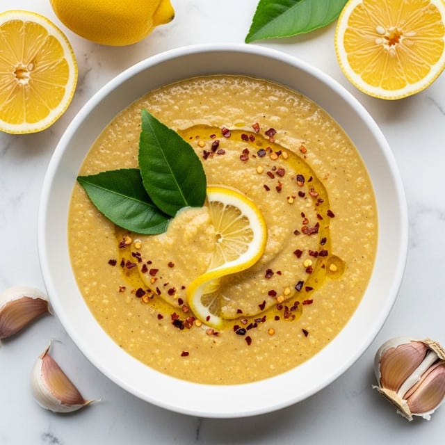 A white bowl filled with a creamy yellow soup that has a slightly thick and smooth texture with small grainy bits. On top, there is a drizzle of golden oil, small red spice flakes scattered evenly, and a curved lemon slice placed near the center. Two green leaves rest beside the lemon slice, adding contrast. Around the bowl, lemon halves and some cloves of garlic sit on a white marbled surface, giving a fresh and natural feel. Photo taken with an iphone --ar 4:5 --v 7
