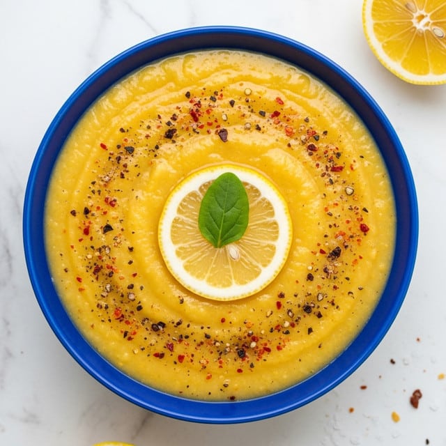 A bowl with a blue rim holds a thick, creamy yellow soup with a slightly bumpy texture. On top, a thin half-moon lemon slice rests at the center alongside a small green leaf garnish. The soup surface is sprinkled with red spices and black pepper bits for color contrast. The bowl sits on a white marbled surface, with part of a lemon and some scattered salt grains visible nearby. photo taken with an iphone --ar 4:5 --v 7
