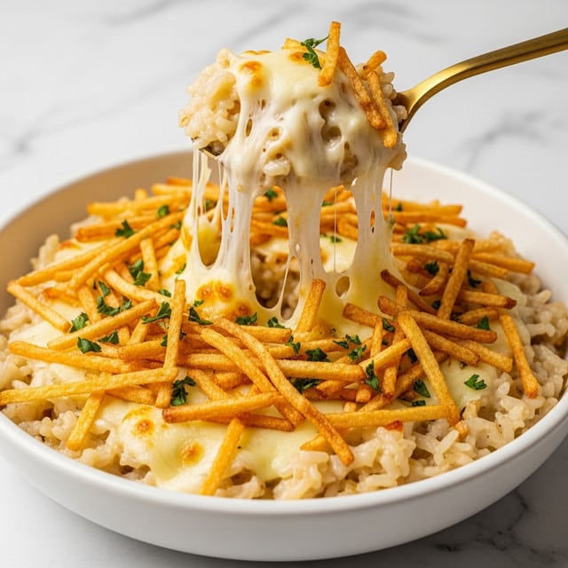 This dish shows a white bowl filled with creamy baked rice that is rich and cheesy. The bottom layer is soft, white rice mixed with melted cheese, creating thick cheese strands stretching up with a golden spoon lifting a scoop. The top layer is covered with crispy golden brown fried potato strips and sprinkled with small green herbs, adding color and texture. The background is a white marbled texture, making the dish stand out with its warm colors and gooey cheese. Photo taken with an iphone --ar 4:5 --v 7