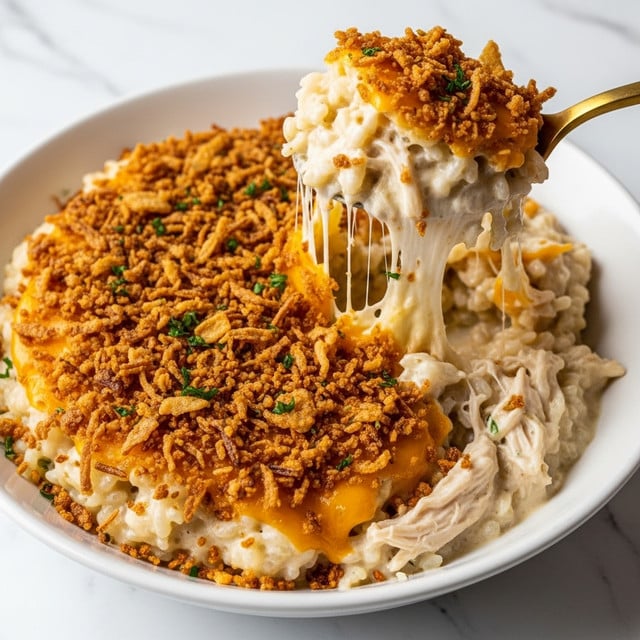 A white bowl filled with a creamy, cheesy rice dish topped with a crispy golden-brown layer of fried onions and small green herb sprinkles. The top layer is thin and crunchy, with detailed texture. A golden spoon lifts a large scoop from the bowl, showing strings of melted cheese stretching down from the lifted portion. Under the cheese and onions, shredded white chicken is visible mixed with the creamy rice base. Some creamy sauce spills over the edge of the bowl, resting on a white marbled surface in the background. Photo taken with an iphone --ar 4:5 --v 7