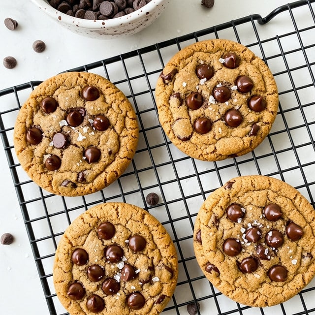 The image shows a close-up of four golden brown chocolate chip cookies arranged on a black cooling rack placed on a white marbled surface. The cookies have a slightly rough texture with many dark, glossy chocolate chips scattered across the top. There are some flakes of sea salt sprinkled over the cookies, adding a slight white contrast against the warm brown cookie base. In the top part of the image, there is a white speckled bowl filled with extra chocolate chips, partially visible. A few stray chocolate chips are scattered around the cooling rack, emphasizing a casual and fresh homemade feel. photo taken with an iphone --ar 4:5 --v 7