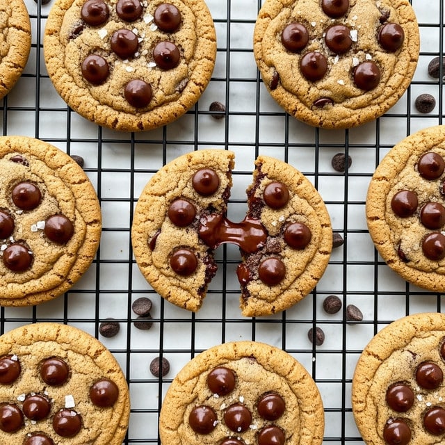 A group of chocolate chip cookies is shown cooling on a black wire rack over a white marbled texture. The cookies are golden brown with a soft, slightly bumpy texture, and each cookie is embedded with many shiny dark chocolate chips scattered evenly on top. One cookie in the center is broken into two uneven pieces, revealing a chewy center with gooey melted chocolate chips inside. A few flakes of coarse sea salt are sprinkled on some cookies, adding a light contrast to the warm brown color. Some loose chocolate chips are scattered on the white marbled surface around the rack. Photo taken with an iphone --ar 4:5 --v 7