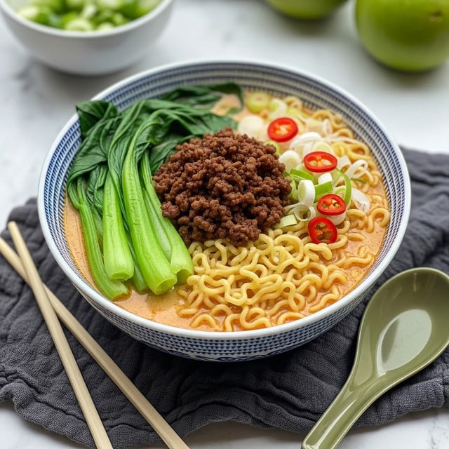 A white bowl with blue patterns filled with a creamy, light-orange broth holding wavy yellow noodles at the bottom. On top, a thick layer of dark brown, cooked minced meat sits in the center. To the left, there are bright green leafy vegetables with stalks visible, and to the right, chopped green onions with white parts mixed in. There are small red chili flakes scattered in the broth. The bowl is placed on a dark gray cloth, with a pair of light wooden chopsticks and a pale olive green spoon resting beside it, all set on a white marbled surface. In the background, a white bowl with some chopped green onions and a green fruit are slightly blurred. photo taken with an iphone --ar 4:5 --v 7
